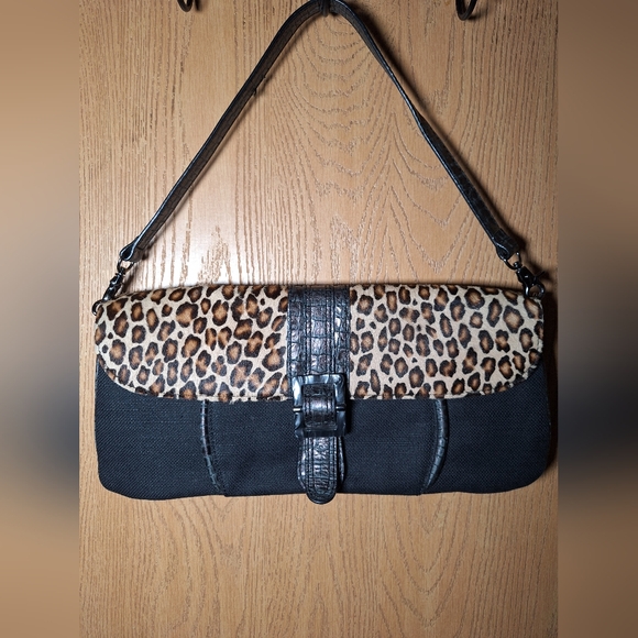 Donald J. Pliner Handbags - Donald J. Pliner Black Shoulder Bag with Leopard Print Flap